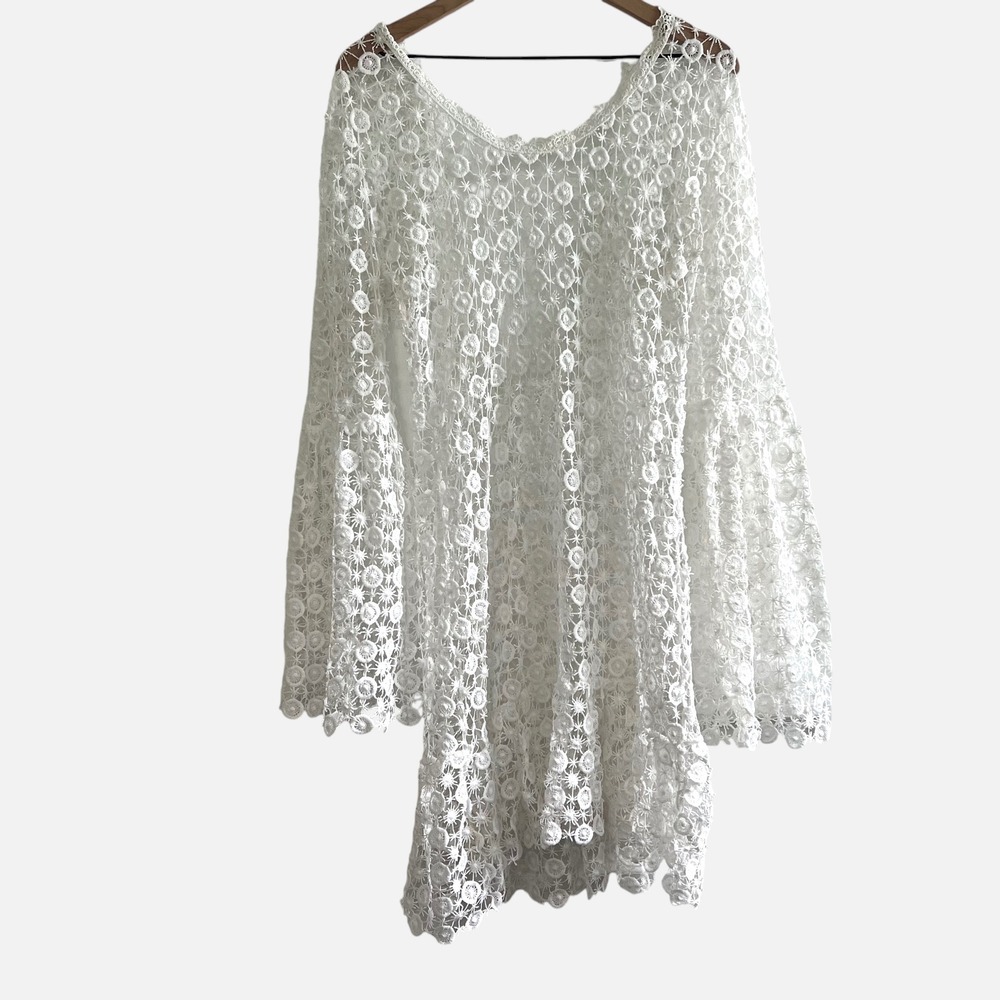 Boho White Lace Beach Cover Up Women's L Bell Sleeve Festival Tunic Sheer Floral